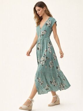 FREE PEOPLE ALL I GOT MAXI DRESS SIZE 2 SEAFOAM GREEN FLORAL TIERED